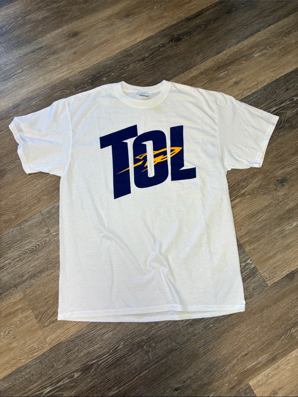 University of Toledo White Short Sleeve Tee with Navy Logo and Yellow Accent